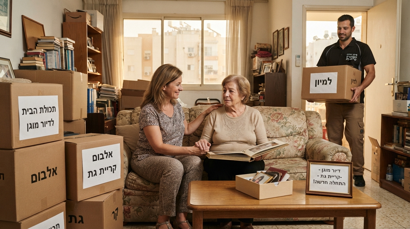 ארגזי קרטון ארוזים ומסודרים בסלון דירה מוארת בקריית גת, המייצגים תהליך רגיש של פינוי דירה לקראת מעבר של קשיש לדיור מוגן.