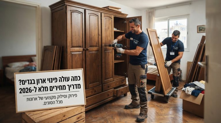צוות מקצועי של חברת פינוי דירות מפרק ומפנה ארון בגדים עץ ישן וכבד מתוך חדר שינה