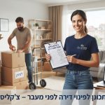 ארגזי קרטון ארוזים ומסודרים בדירה מוארת, לצד לוח כתיבה עם צ'קליסט משימות להכנה לקראת פינוי דירה ומעבר.