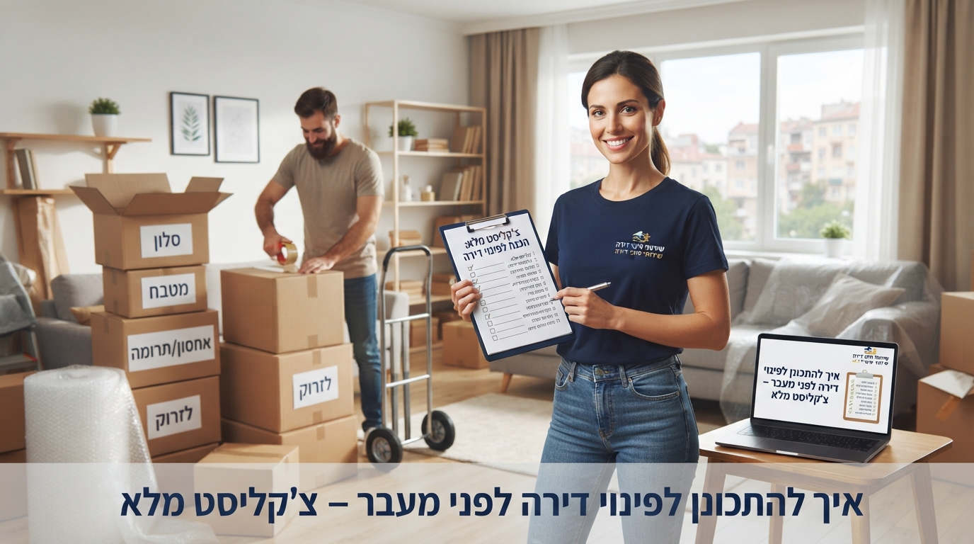 ארגזי קרטון ארוזים ומסודרים בדירה מוארת, לצד לוח כתיבה עם צ'קליסט משימות להכנה לקראת פינוי דירה ומעבר.
