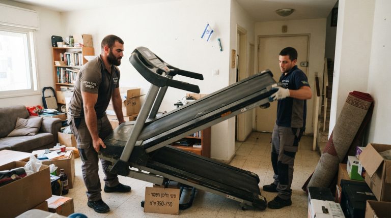 צוות מקצועי מפנה הליכון חשמלי כבד ומסורבל מדירה, כחלק משירות פינוי פסולת אלקטרונית ומכשירי כושר.