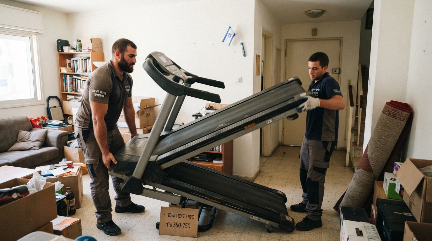 צוות מקצועי מפנה הליכון חשמלי כבד ומסורבל מדירה, כחלק משירות פינוי פסולת אלקטרונית ומכשירי כושר.