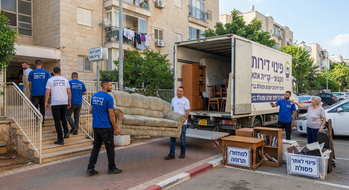 צוות מקצועי של חברת פינוי דירות מעמיס ספה ורהיטים ישנים למשאית פינוי ברחוב בקריית אתא.