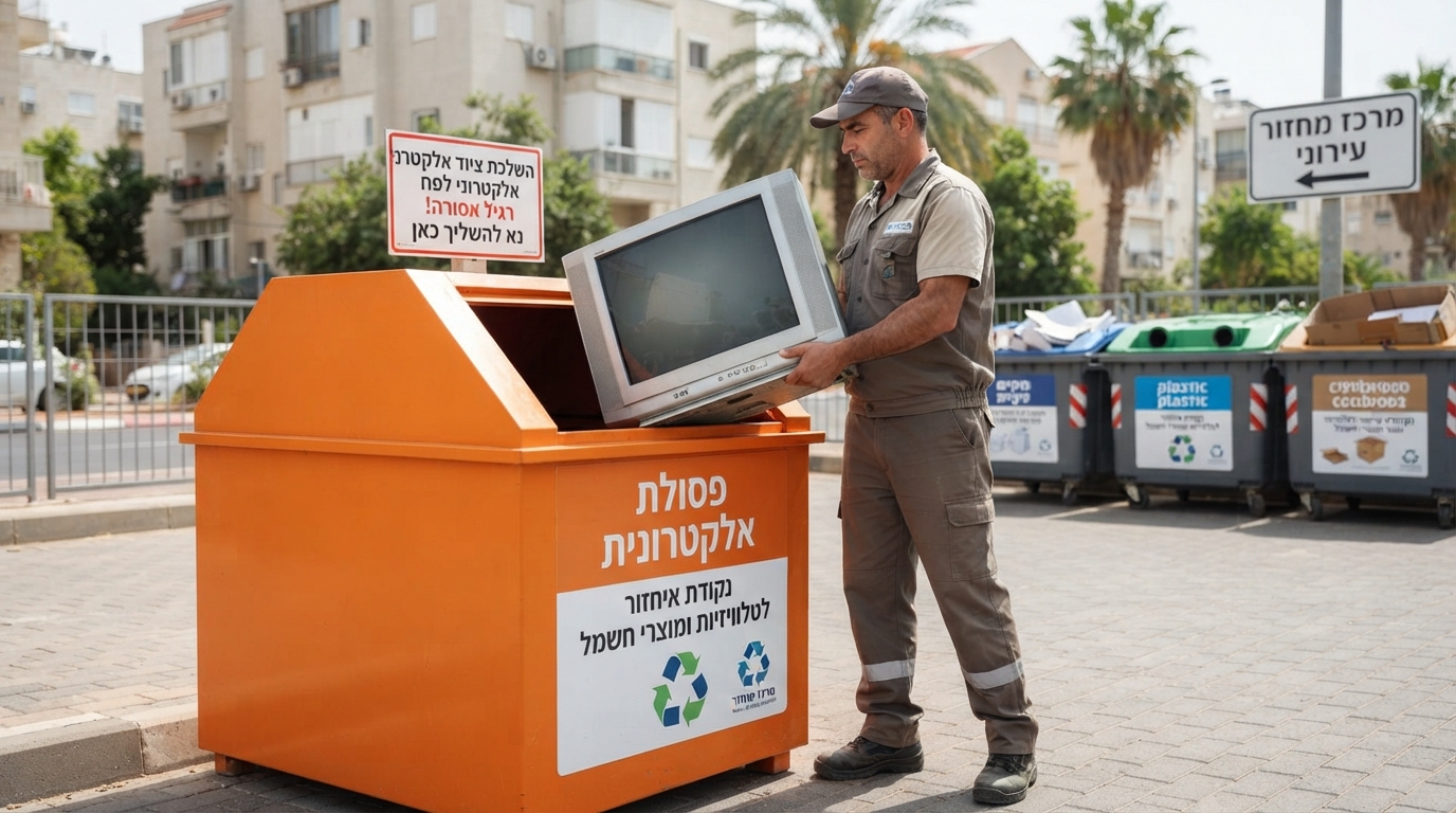 טלוויזיה ישנה מונחת לצד פח מחזור ייעודי לפסולת אלקטרונית בישראל, המציג פתרון חוקי וירוק לפינוי מכשירי חשמל.