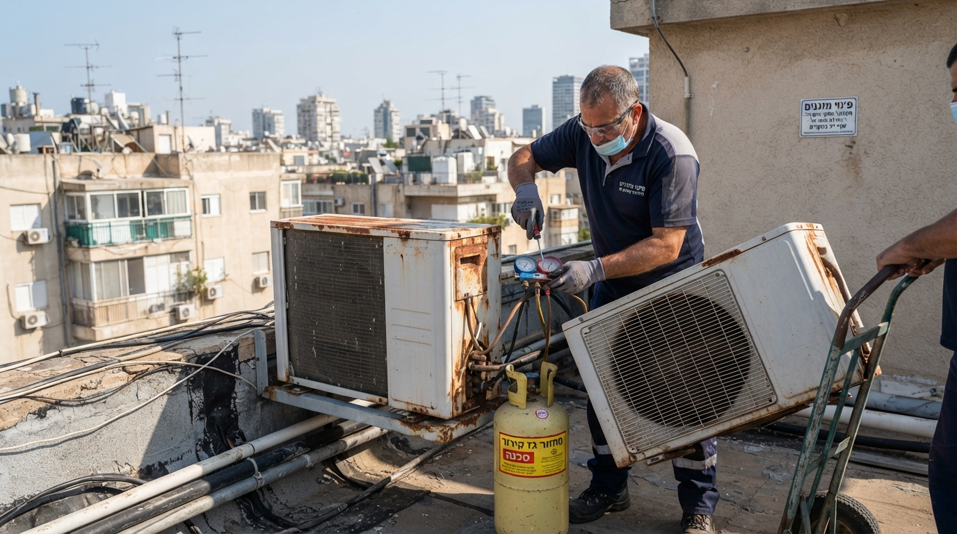 טכנאי מקצועי מפרק ומפנה מזגן ישן מקיר בדירה בישראל, תוך שמירה על כללי הבטיחות והחוק למיחזור פסולת אלקטרונית.