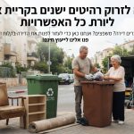 רהיטים ישנים (כמו ספה וארון) מונחים בצורה מסודרת ברחוב בקריית אונו, מוכנים לאיסוף ופינוי על רקע בנייני מגורים בעיר.