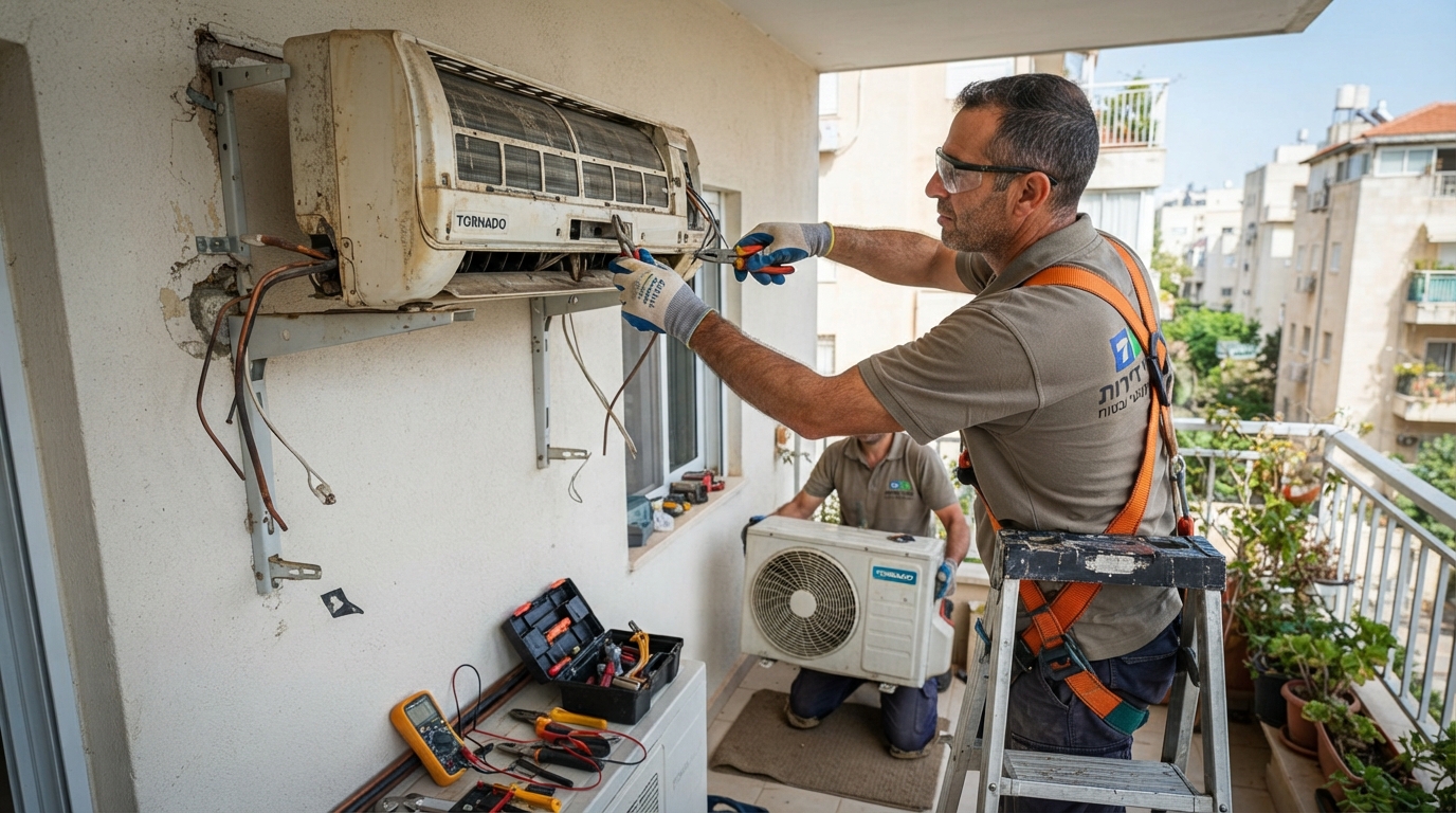 איש מקצוע בתחום פינוי דירות מפרק בבטחה מזגן ישן המותקן על קיר, תוך שימוש בכפפות מגן וכלי עבודה מתאימים.