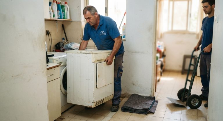מייבש כביסה ישן עומד בפינת החדר, מוכן לפינוי על ידי שירות פינוי דירות מקצועי.