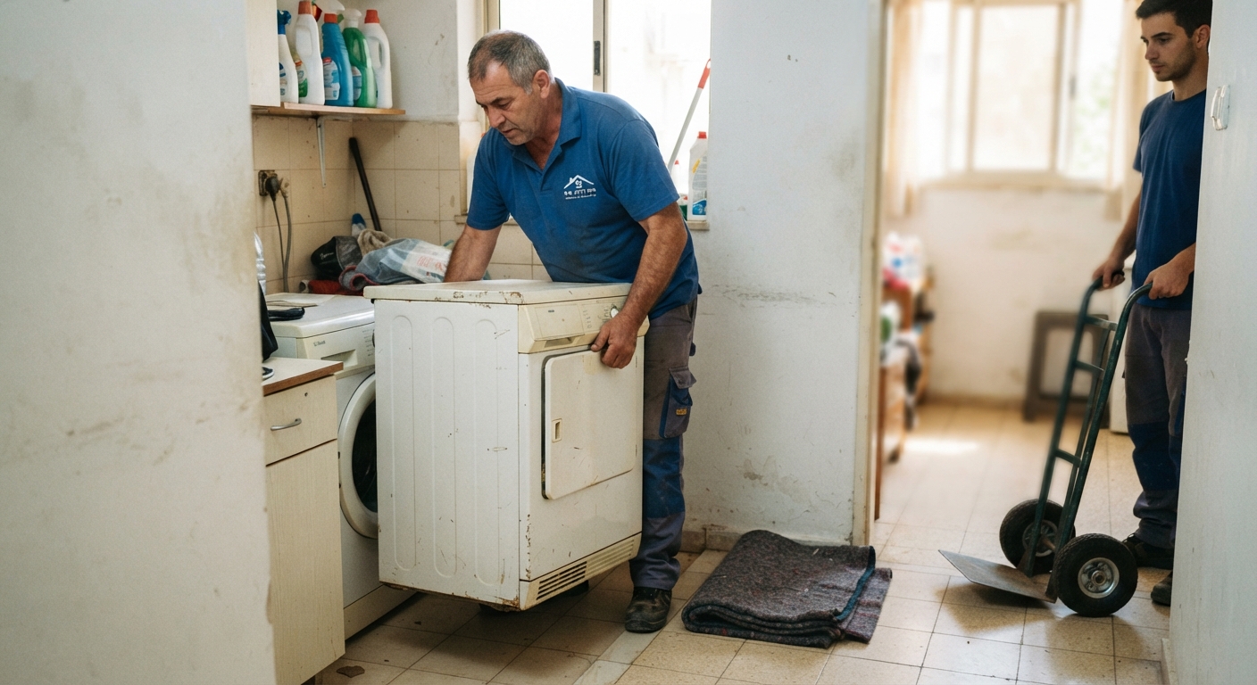 מייבש כביסה ישן עומד בפינת החדר, מוכן לפינוי על ידי שירות פינוי דירות מקצועי.