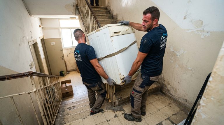 שני מובילים מקצועיים סוחבים בזהירות מכונת כביסה כבדה במורד חדר מדרגות צר בבניין מגורים ישן ללא מעלית.