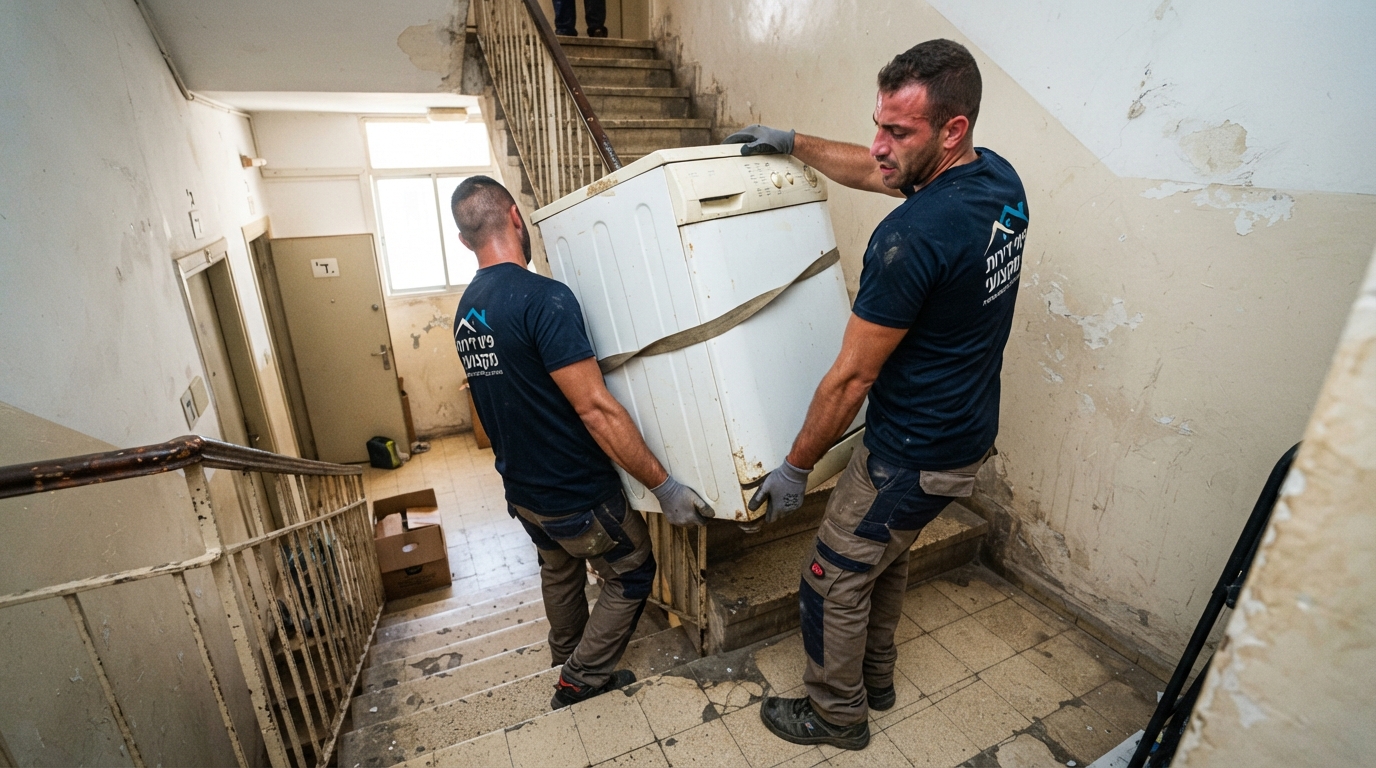 שני מובילים מקצועיים סוחבים בזהירות מכונת כביסה כבדה במורד חדר מדרגות צר בבניין מגורים ישן ללא מעלית.