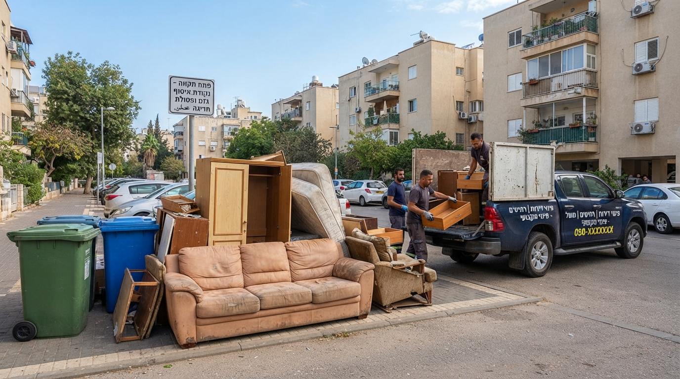 צוות מקצועי של חברת פינוי דירות מפנה ספה ורהיטים ישנים מרחוב בפתח תקווה בצורה מסודרת.