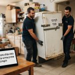 אנשי מקצוע מחברת פינוי דירות מובילים ומפנים מקפיא ישן מתוך דירת מגורים, כחלק משירות פינוי מוצרי חשמל.