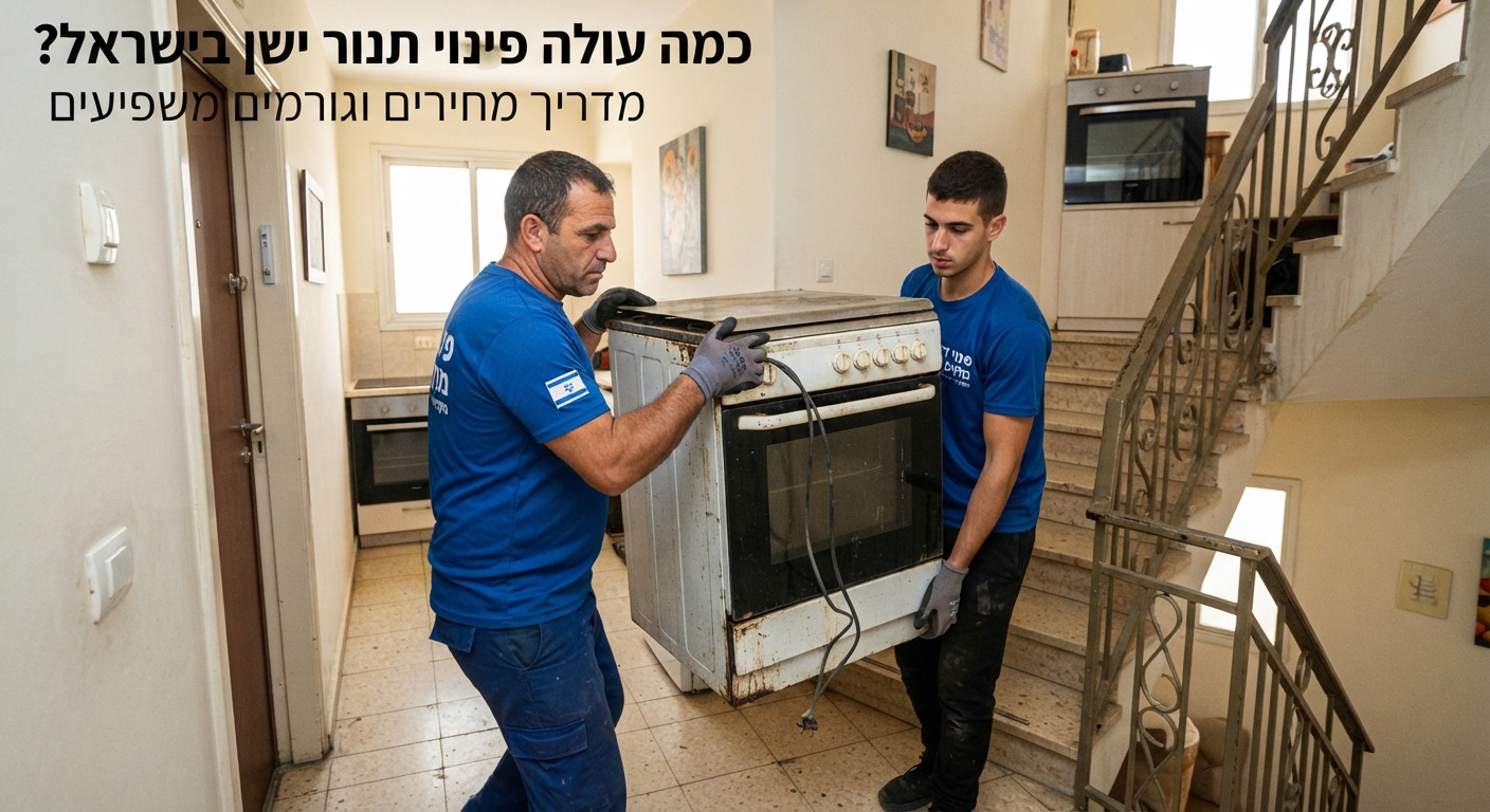 איש מקצוע מחברת פינוי דירות מפנה תנור אפייה ישן ומלוכלך מתוך מטבח, כחלק משירות פינוי מכשירי חשמל ישנים.