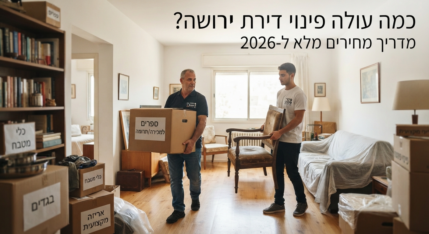 אנשי מקצוע של חברת פינוי פשוט בתהליך פינוי דירת ירושה בצורה מכבדת ומסודרת, עם ארגזים ארוזים ודירה נקייה ברקע.