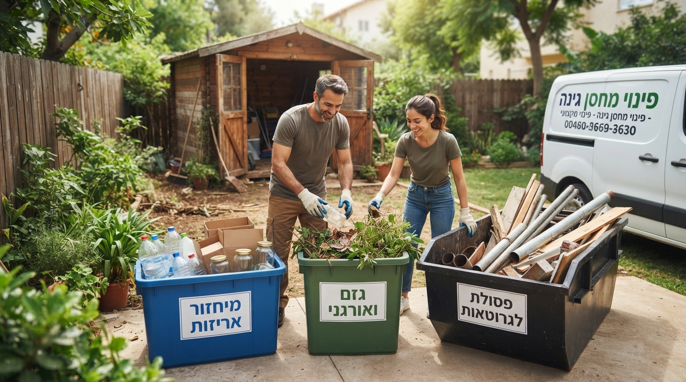 מחסן גינה פתוח ומאורגן, לצדו ערימות של פסולת ממוינת למיחזור (גזם, עץ ומתכת) ופחי מיחזור על רקע חצר ירוקה.
