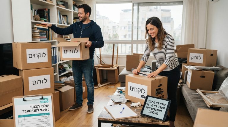 דירה מאורגנת בתהליך אריזה ופינוי לפני מעבר, עם ארגזי קרטון מסודרים, פנקס רשימות לתכנון וחלל נקי ומזמין.