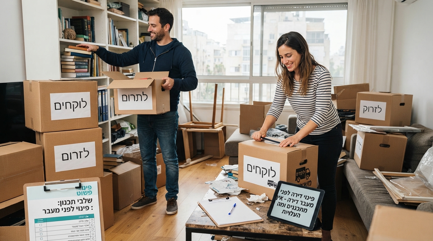 דירה מאורגנת בתהליך אריזה ופינוי לפני מעבר, עם ארגזי קרטון מסודרים, פנקס רשימות לתכנון וחלל נקי ומזמין.