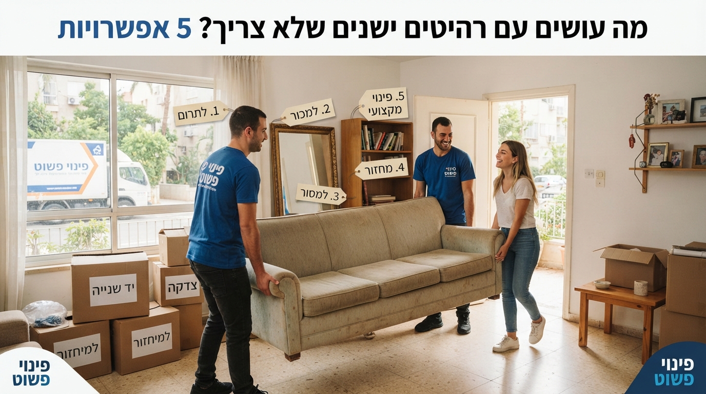 רהיטי עץ וספה בחדר מואר, המייצגים אפשרויות של תרומה, מכירה או פינוי של ריהוט ישן שלא צריך.