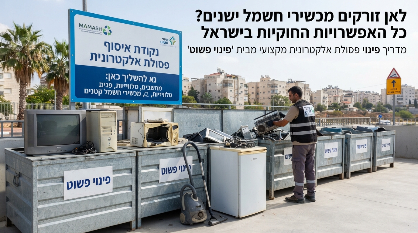 מכשירי חשמל ישנים כמו טלוויזיה, מחשב ומיקרוגל מונחים לצד פח מיחזור לפסולת אלקטרונית בישראל