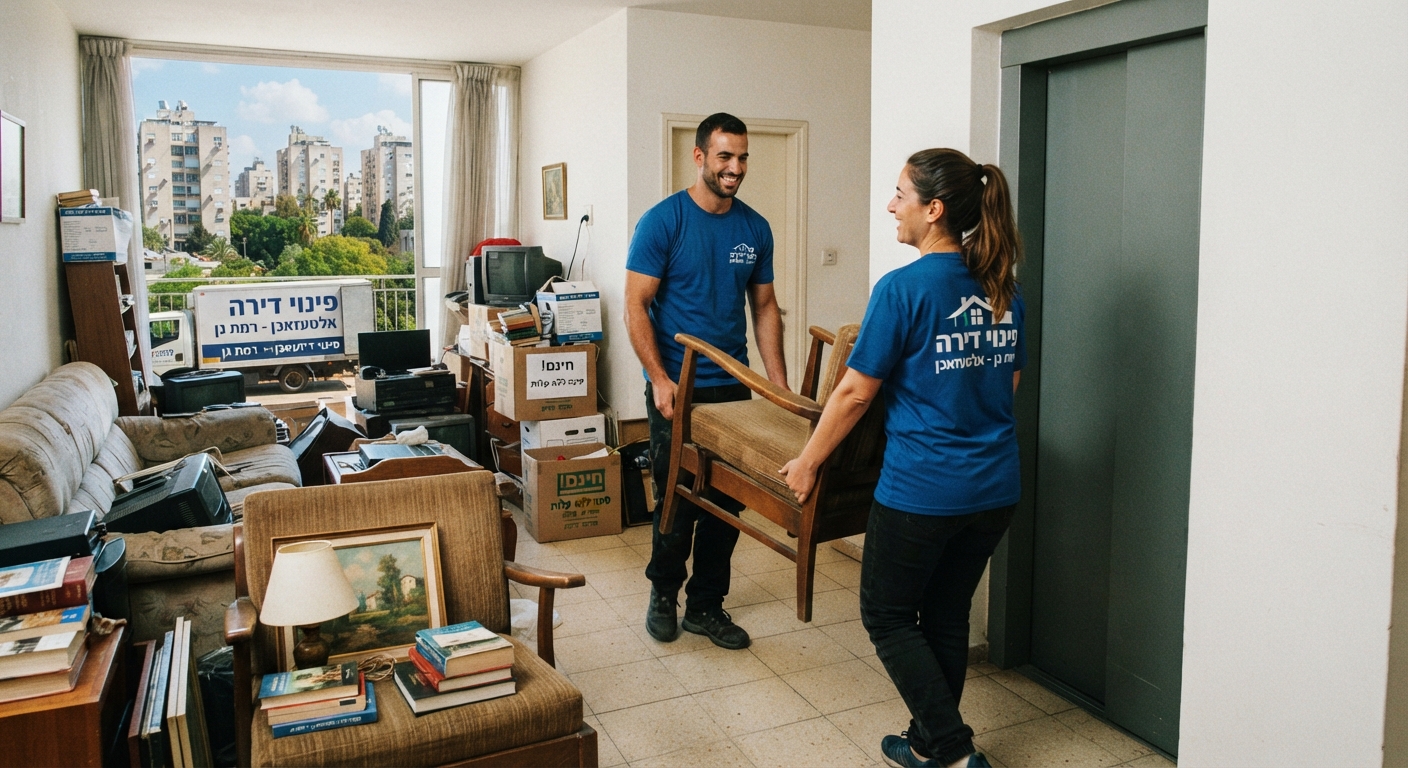 משאית אלטעזאכן ופינוי דירות ברמת גן מעמיסה רהיטים ישנים ומוצרי חשמל, המחשה של מיון תכולת דירה לפריטים בחינם ופריטים לפינוי בתשלום.