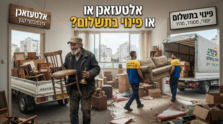 איור השוואתי המציג מצד אחד רכב אלטעזאכן עם רהיטים ישנים, ומצד שני צוות פינוי דירות מקצועי המרוקן דירה ומנקה אותה.