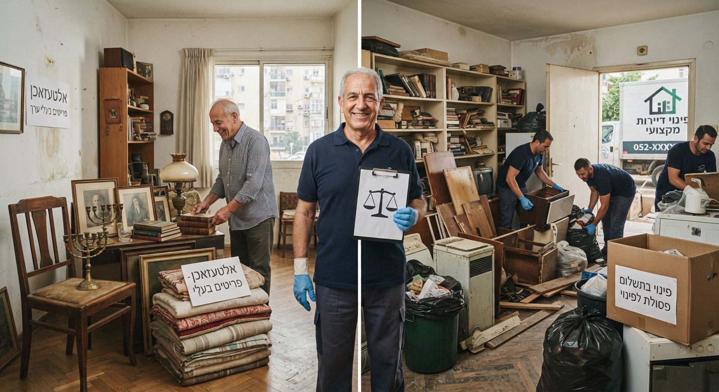 איור השוואתי המציג את ההבדל בין פינוי דירה באמצעות אלטעזאכן (רהיטים ישנים) לבין שירות פינוי דירות מקצועי בתשלום בתוך דירה נקייה ומסודרת.