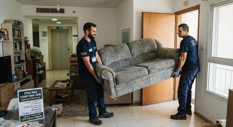צוות מובילים מקצועי מפנה ספה ישנה מתוך סלון דירה, כחלק משירות פינוי רהיטים וספות.