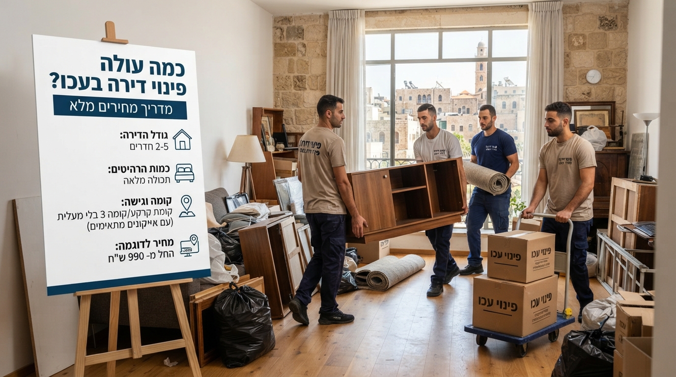 צוות מקצועי של פינוי דירות בעכו מעמיס ארגזים ורהיטים מדירה, עם רקע המרמז על העיר עכו ומסמך הצעת מחיר ברורה.