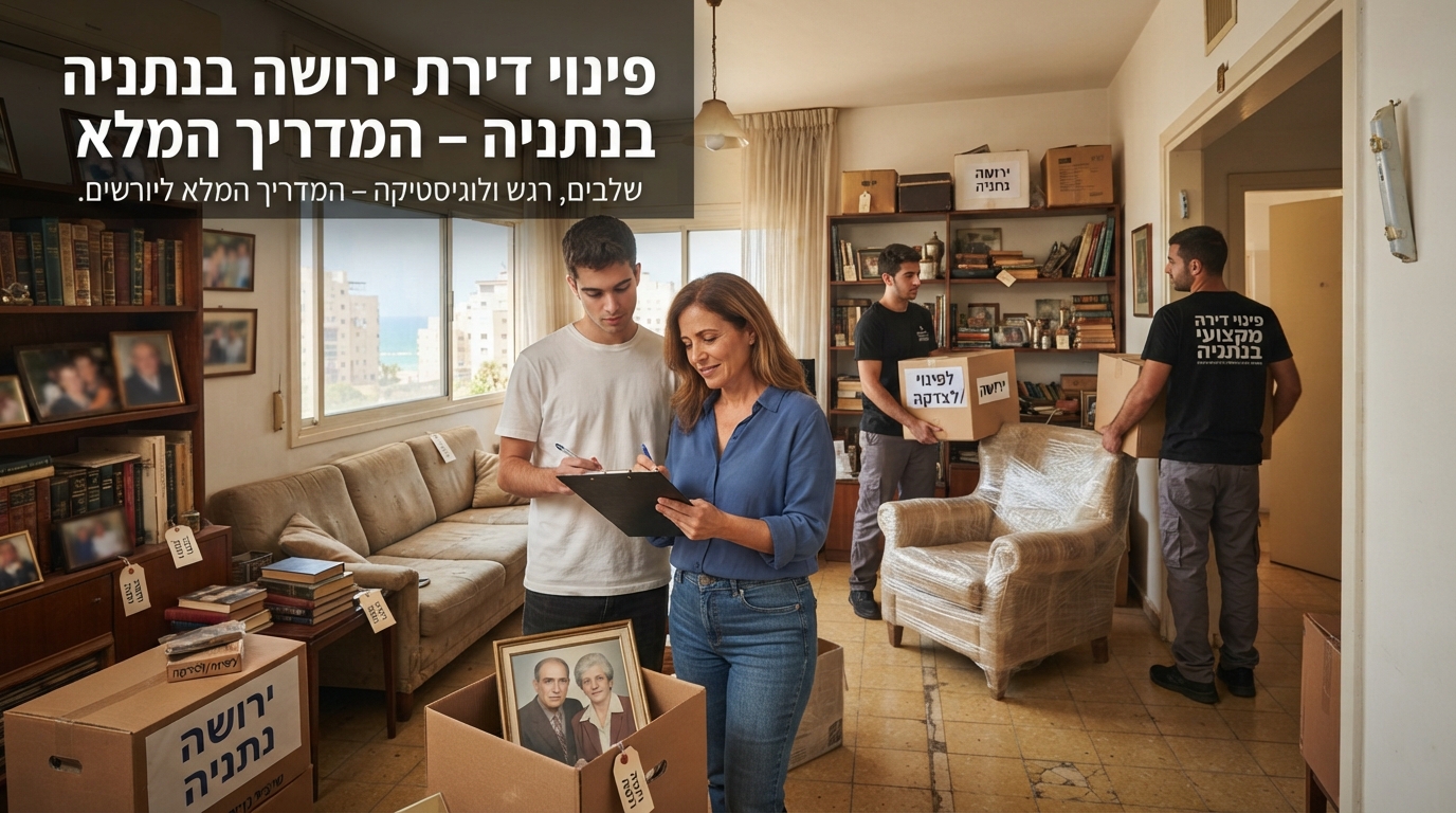 סלון של דירת ירושה בנתניה בשלבי מיון ואריזה, עם קרטונים מסודרים וחפצים אישיים, כחלק מתהליך פינוי תכולת דירה מקצועי.