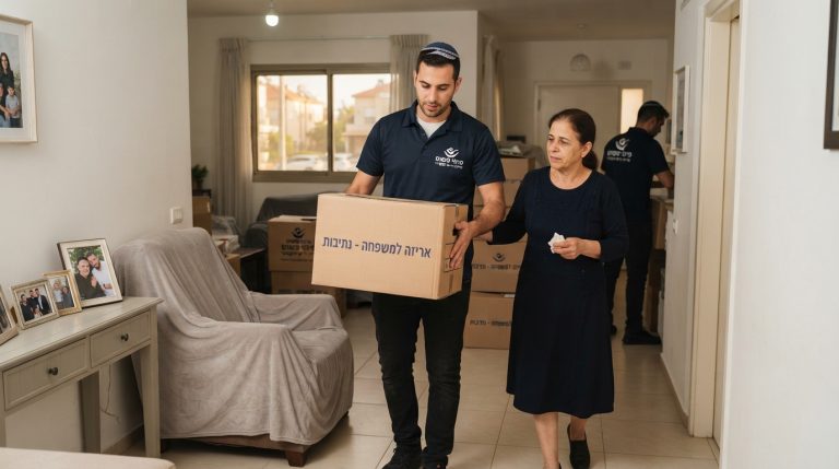 צוות חברת "פינוי פשוט" בתהליך רגיש ומסודר של פינוי בית של נפטר בנתיבות, הכולל מיון חפצים ואריזה מכבדת של תכולת הדירה.