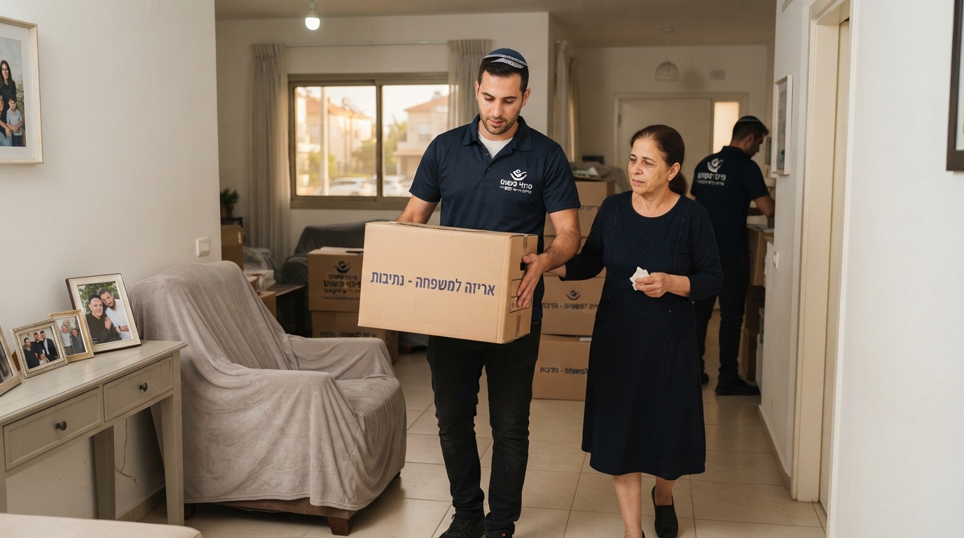 צוות חברת "פינוי פשוט" בתהליך רגיש ומסודר של פינוי בית של נפטר בנתיבות, הכולל מיון חפצים ואריזה מכבדת של תכולת הדירה.