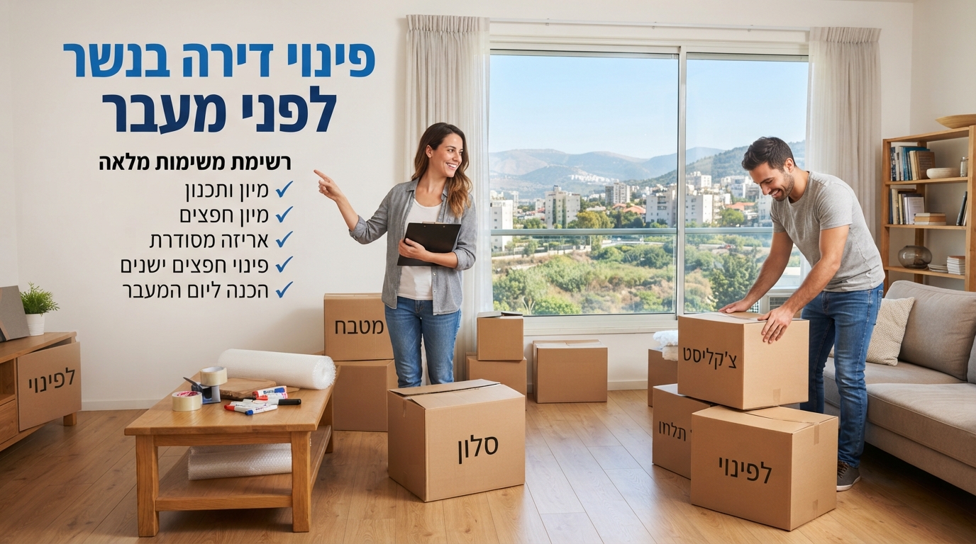 ארגזי קרטון ארוזים בתוך דירה מוארת, לצד צ'קליסט (רשימת משימות) מונח על השולחן, המייצג תהליך של פינוי דירה בנשר לקראת מעבר קל ומאורגן.