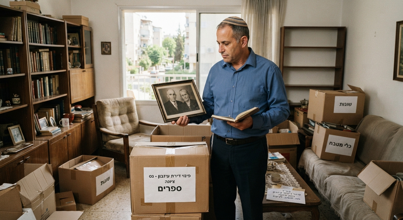 תהליך מסודר ומכבד של פינוי דירת עיזבון בנס ציונה, הכולל ארגזים ארוזים, מיון חפצים וחלל מואר ונקי.