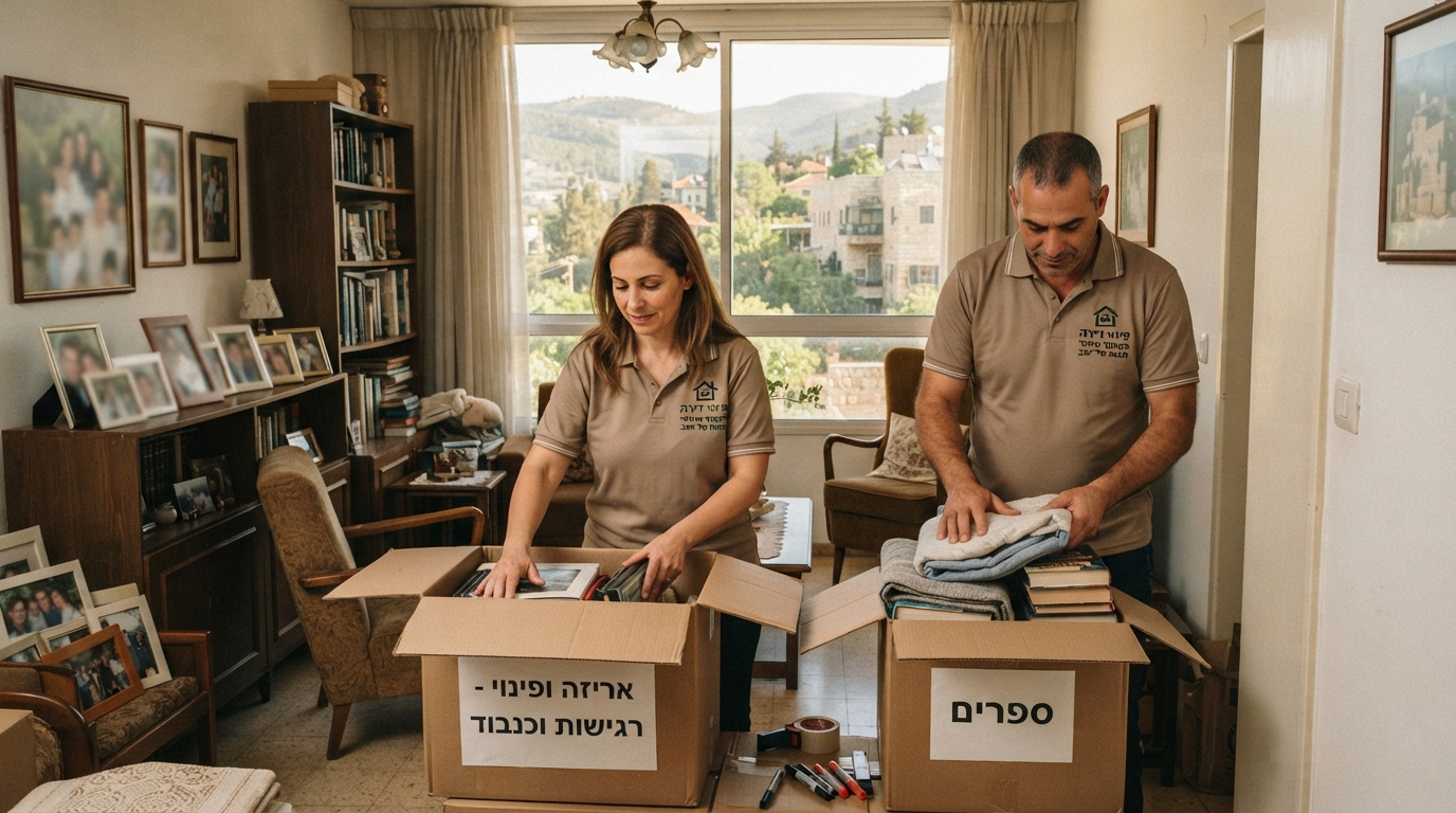 סלון דירה מואר ומסודר במעלות במהלך תהליך פינוי תכולה ברגישות, עם ארגזים ארוזים ונוף גלילי ירוק הנשקף מהחלון.