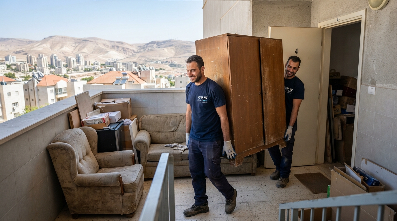 שירות מקצועי של פינוי רהיטים ישנים מדירה במעלה אדומים, הממחיש את תהליך הפינוי והערכת המחיר.