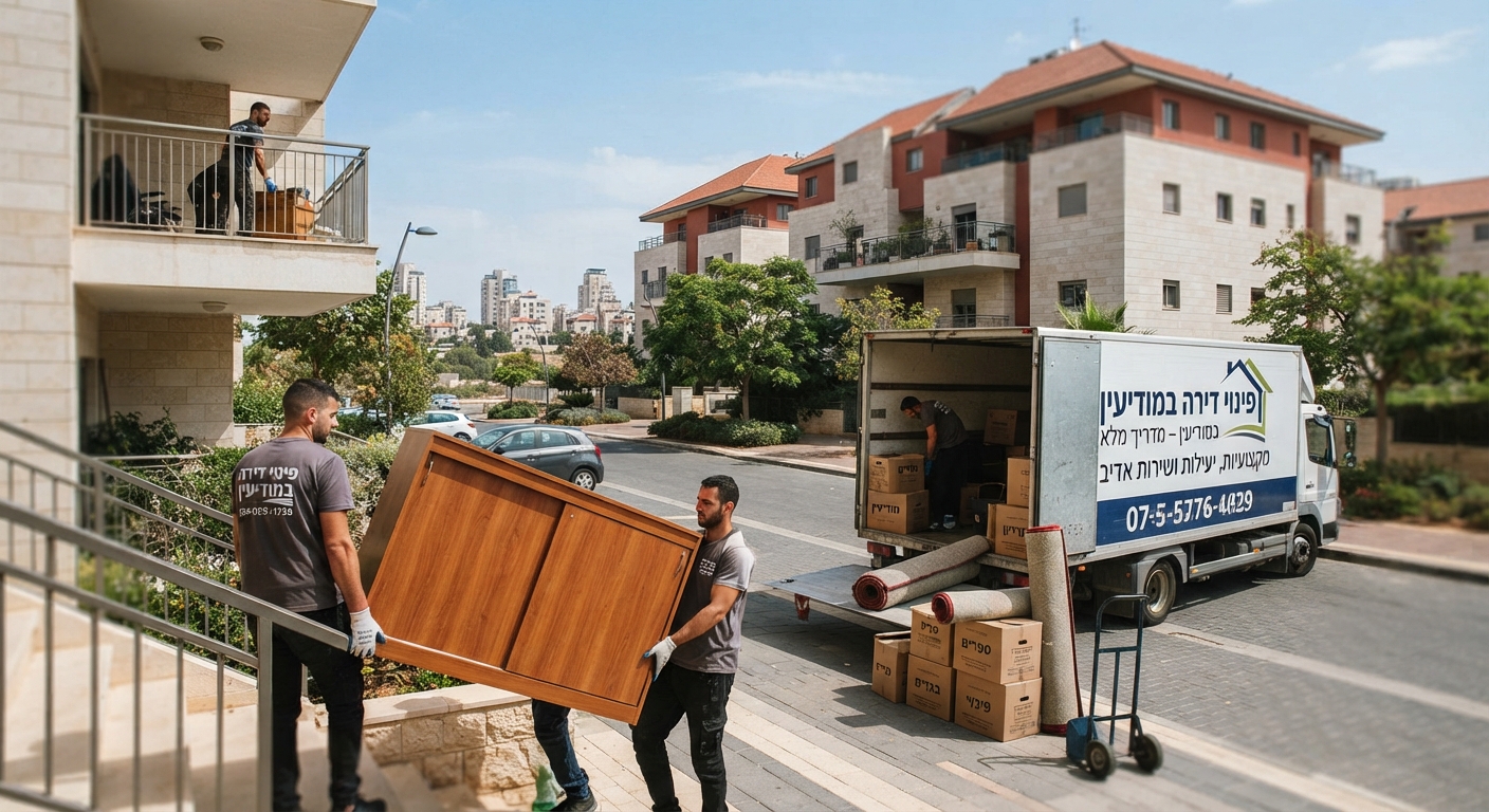 צוות מקצועי של חברת פינוי דירות מפנה ארגזים ורהיטים מדירה מודרנית ומוארת במודיעין, במסגרת שירותי פינוי תכולת דירה.