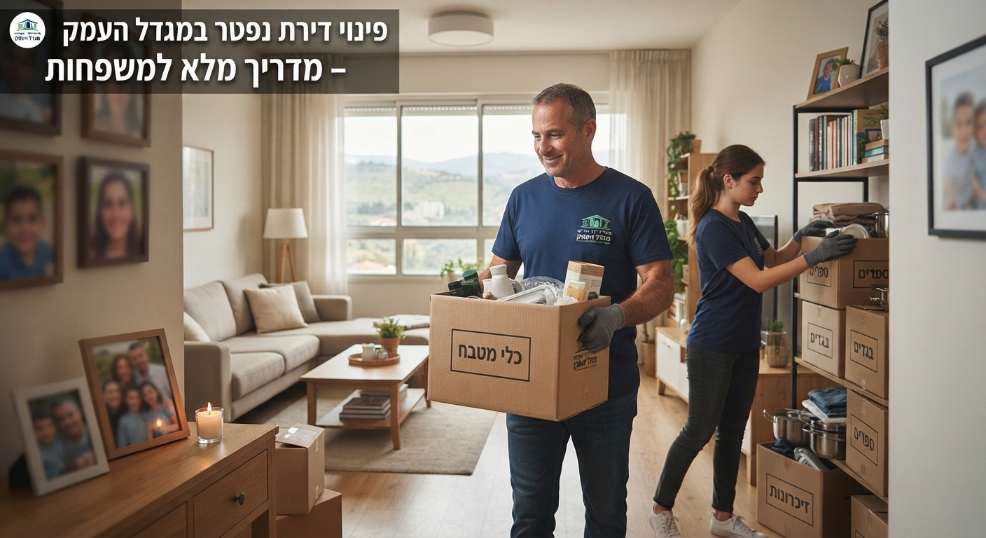 צוות מקצועי של חברת פינוי דירות אורז ומפנה ברגישות חפצים וארגזים מדירה נקייה ומסודרת במגדל העמק, באווירה מכבדת וחמלה.