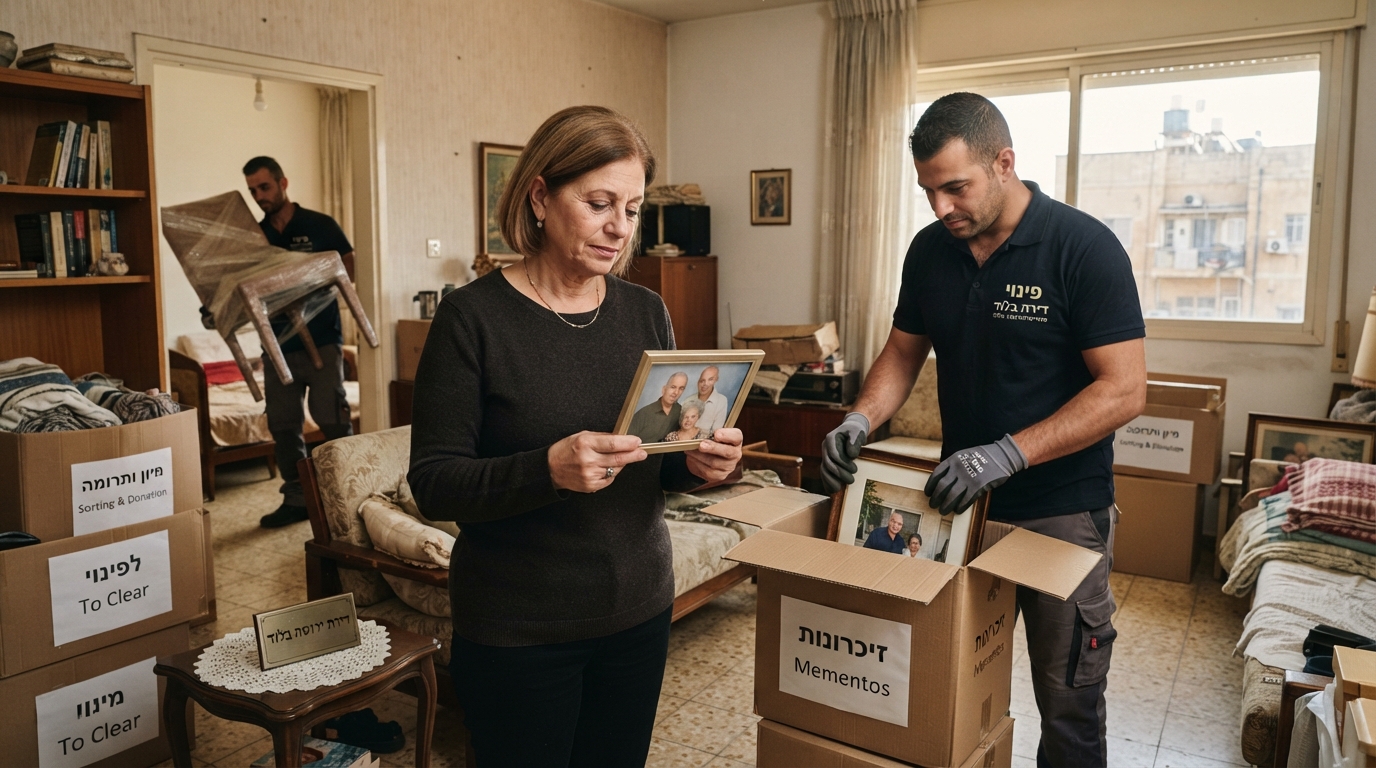 תהליך פינוי דירת ירושה בלוד: מיון ואריזה של חפצים בארגזים בצורה מכבדת, מסודרת ורגישה בתוך דירה מוארת.