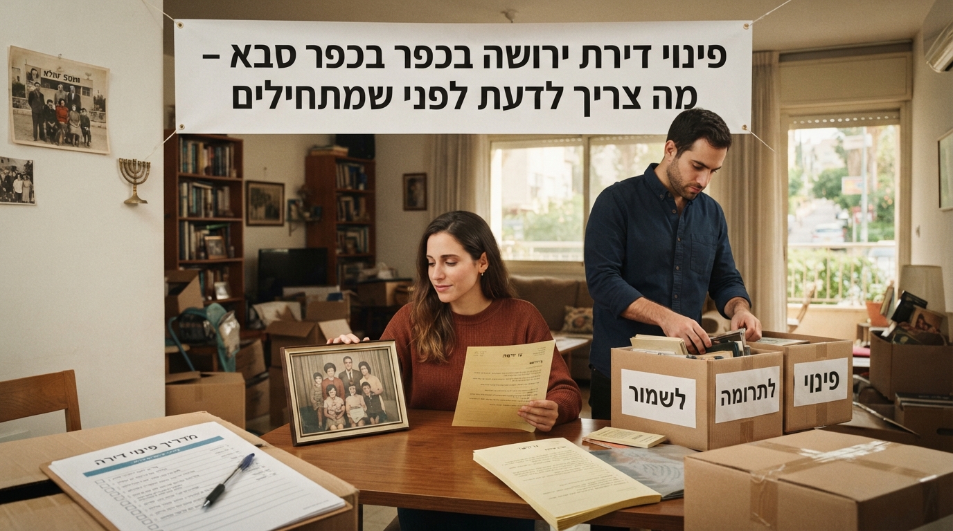 ארגזים ארוזים וחפצים מסודרים במהלך פינוי דירת ירושה בכפר סבא, המייצגים תהליך מיון מכבד ומאורגן.