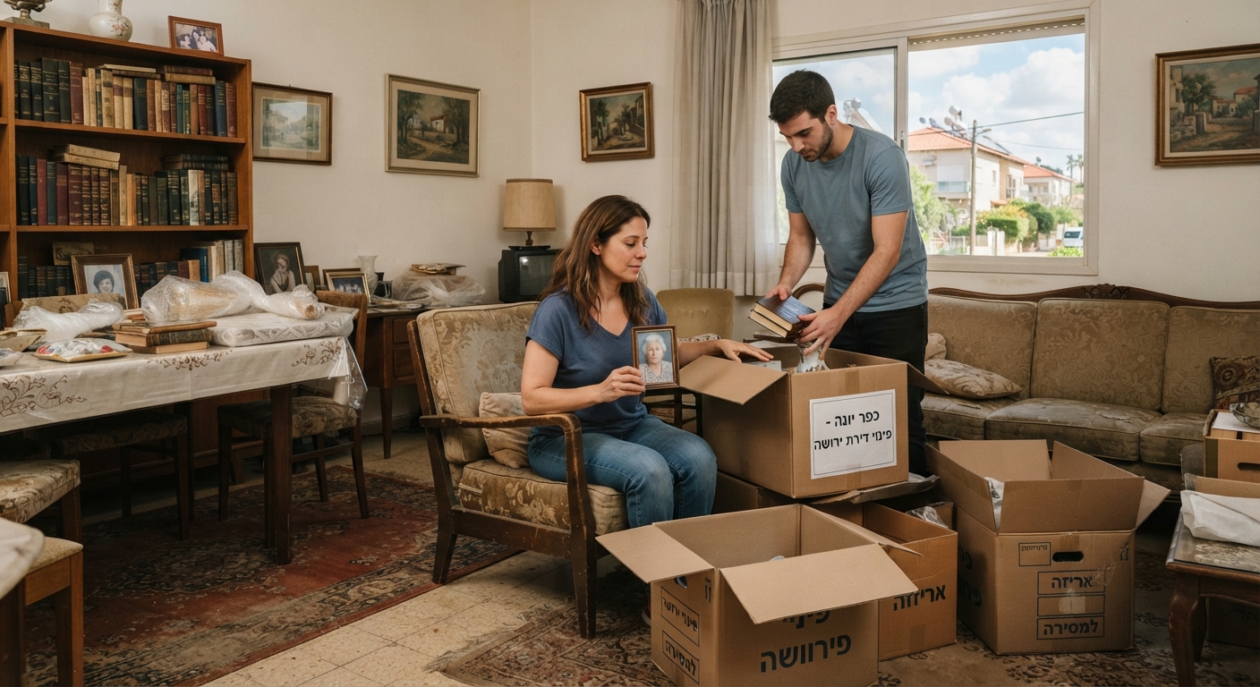 ארגזים ארוזים ומסודרים בדירה בכפר יונה במהלך תהליך פינוי דירת ירושה ברגישות וביעילות עבור משפחה.
