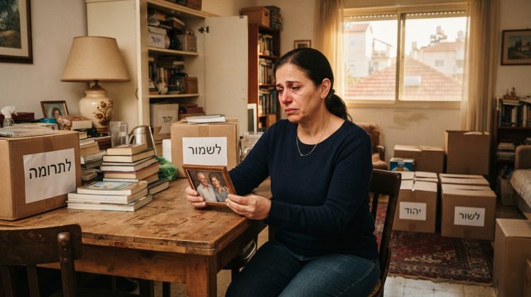 ארגזי קרטון מסודרים וחפצים אישיים בדירה מוארת בתהליך פינוי עיזבון ביהוד, הממחישים מעבר מכבד ורגיש של פינוי בית הורים שנפטרו.