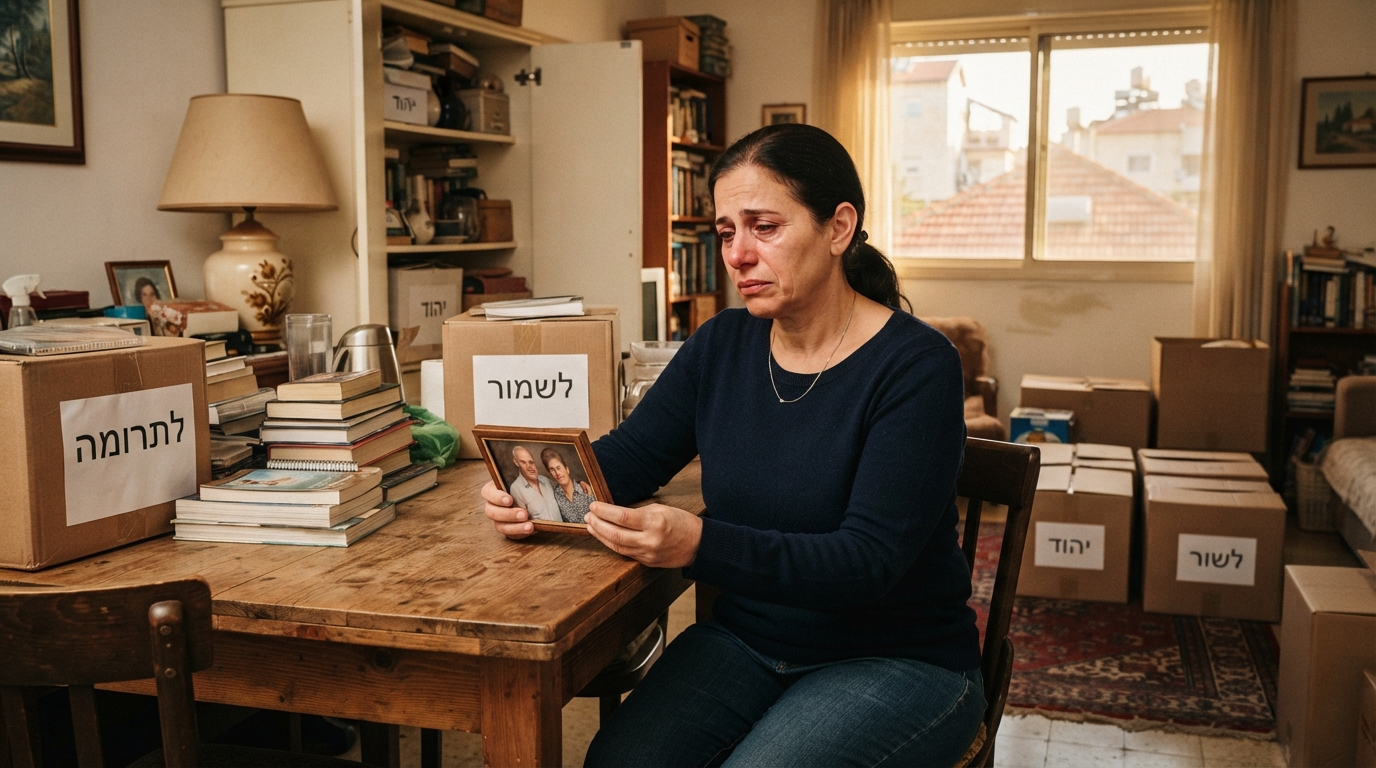 ארגזי קרטון מסודרים וחפצים אישיים בדירה מוארת בתהליך פינוי עיזבון ביהוד, הממחישים מעבר מכבד ורגיש של פינוי בית הורים שנפטרו.