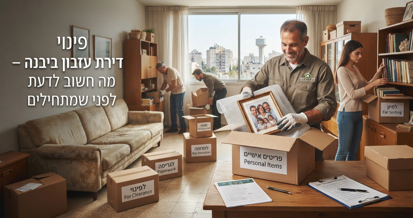 דירת עזבון ביבנה בתהליך של מיון ואריזה מנוהל ומכבד, עם ארגזים חומים מסודרים וחלל שעובר פינוי מקצועי.