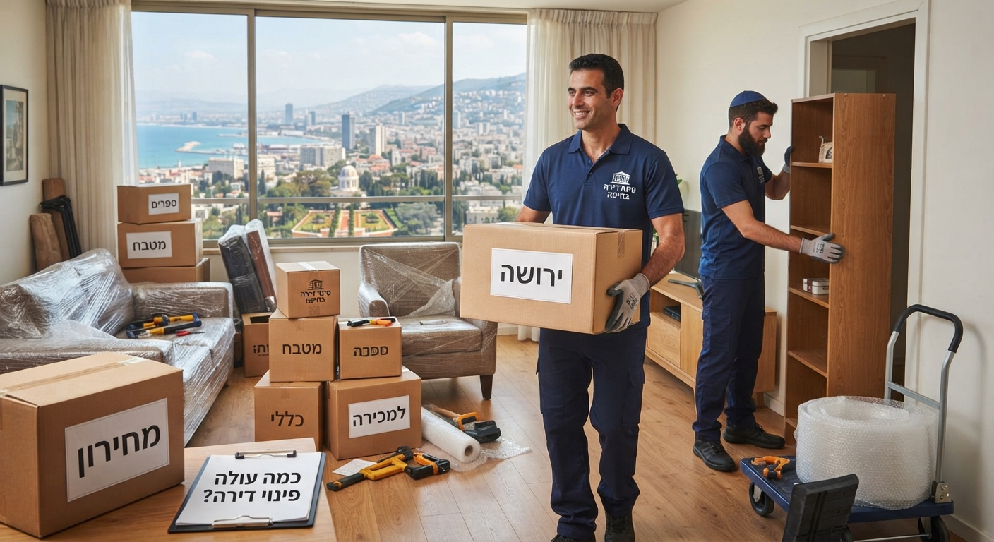 צוות מקצועי של חברת פינוי דירות מפנה רהיטים וארגזים מדירה נקייה ומסודרת בחיפה, כחלק משירות פינוי תכולת דירה.