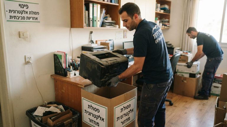 מדפסת משרדית ישנה מונחת לצד פח למיחזור פסולת אלקטרונית, המייצגת תהליך פינוי נכון וחוקי של מכשירי חשמל בישראל.