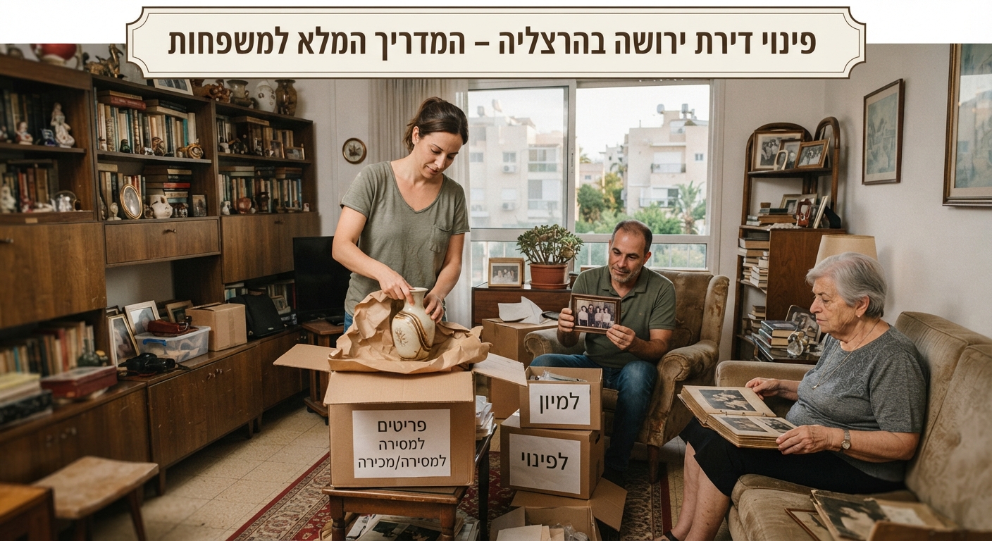 תהליך מיון ואריזה של חפצים בדירת ירושה בהרצליה, ארגזים מסודרים בחדר מואר לקראת פינוי מכבד.