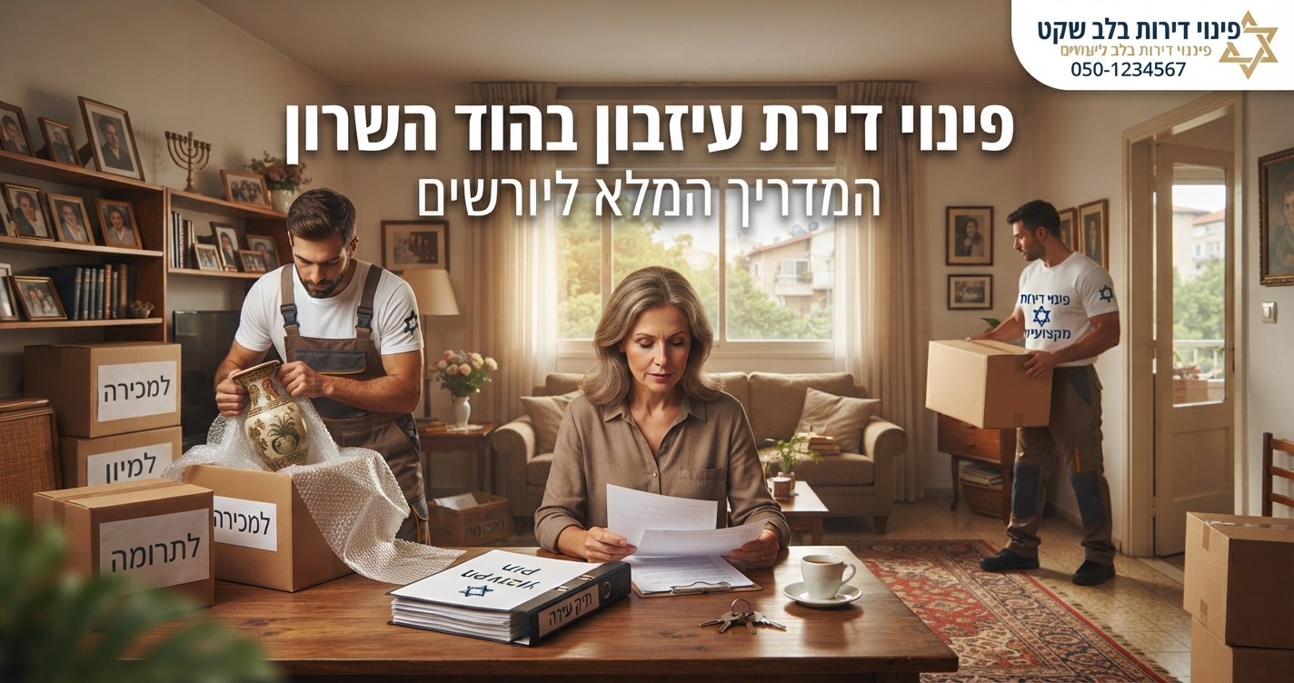 דירת מגורים מוארת ומסודרת בהוד השרון במהלך תהליך פינוי עיזבון וירושה, עם ארגזים ארוזים וחפצים שממוינים ברגישות ובמקצועיות.