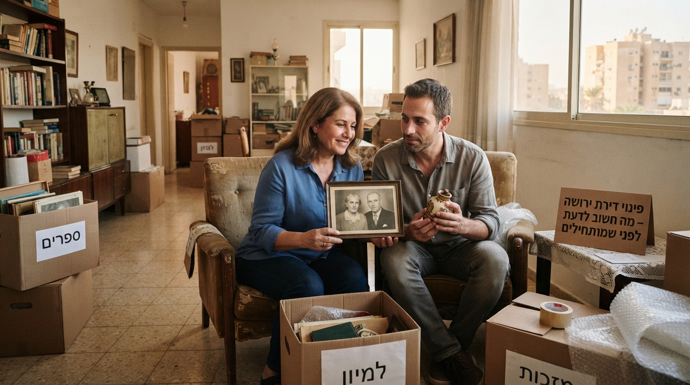דירה מוארת בדימונה בתהליך פינוי ירושה, עם ארגזי קרטון מסודרים, חפצים אישיים ונוסטלגיים ואווירה מכבדת ורגועה.