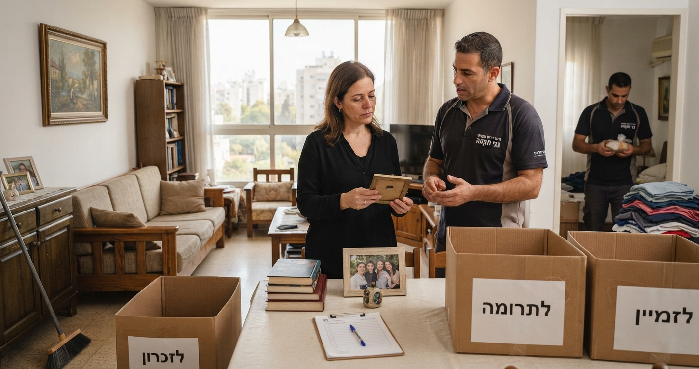דירת מגורים מוארת בגני תקווה בתהליך של מיון ופינוי תכולה ירושה, עם ארגזים ארוזים בצורה מסודרת וחפצים אישיים שמטופלים ברגישות.